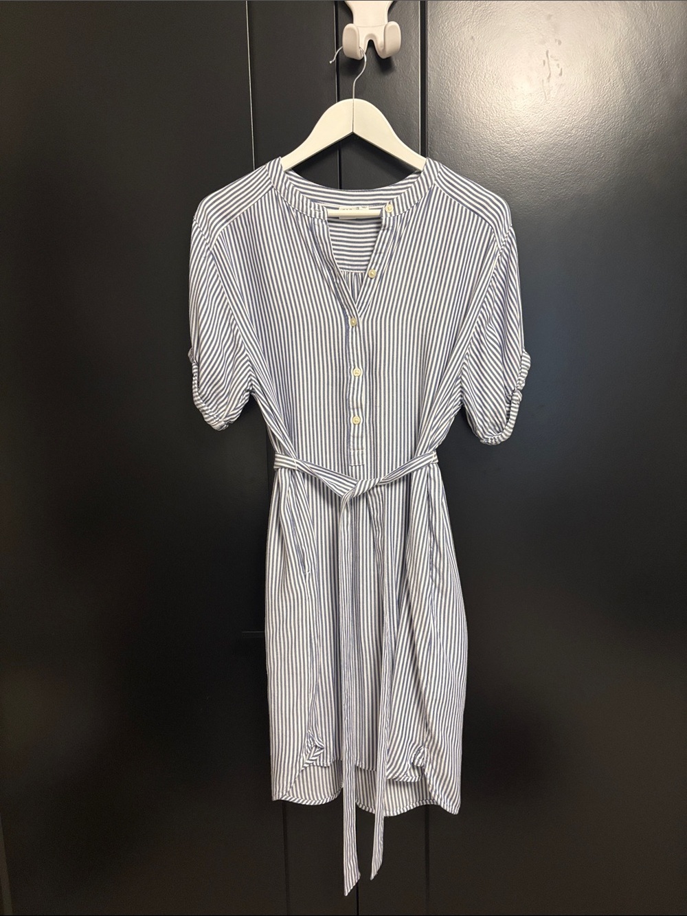 GAP Blue and White Striped Midi Shirt Dress with Tie Waist
